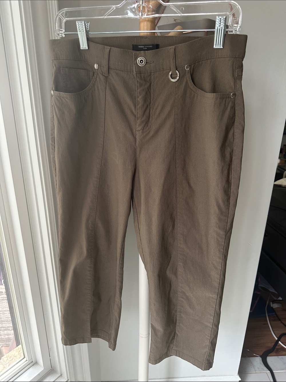 SIMON CHANG DENIM Olive Army Green Capri High-Waist Rise Pants Cropped Size 10